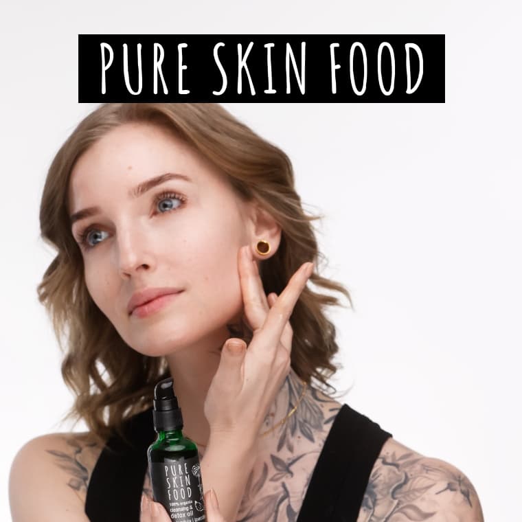 Pure Skin Food Logo mit Model und Pure Skin Food detox oil 